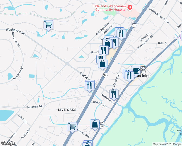 map of restaurants, bars, coffee shops, grocery stores, and more near 815 Planters Trace Loop in Murrells Inlet