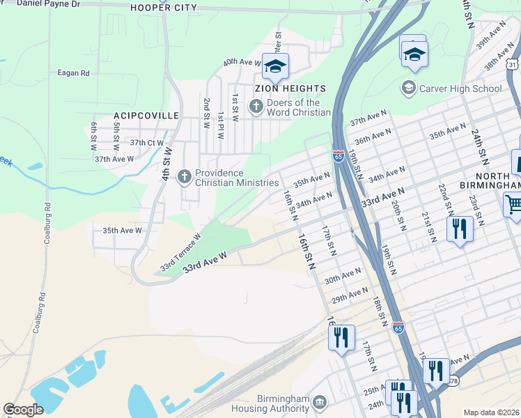 map of restaurants, bars, coffee shops, grocery stores, and more near 1425 36th Avenue North in Birmingham