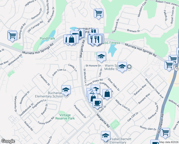 map of restaurants, bars, coffee shops, grocery stores, and more near 39865 De Vendome Court in Murrieta