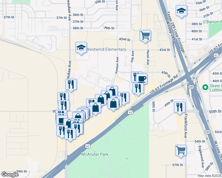 map of restaurants, bars, coffee shops, grocery stores, and more near 5410 Ironton Avenue in Lubbock