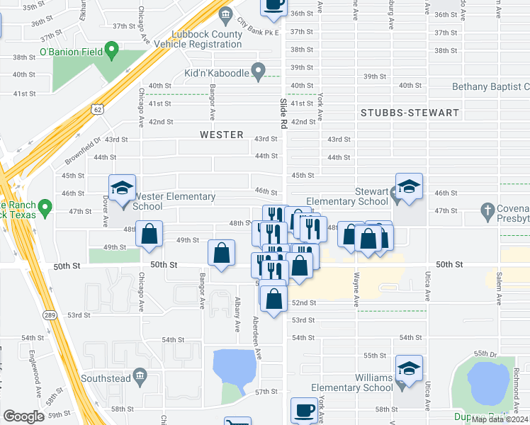 map of restaurants, bars, coffee shops, grocery stores, and more near 5209 47th Street in Lubbock