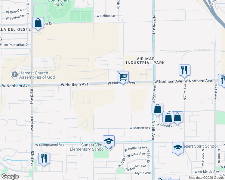 map of restaurants, bars, coffee shops, grocery stores, and more near 7803-7831 West Northern Avenue in Glendale