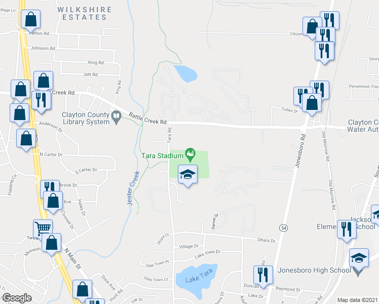 map of restaurants, bars, coffee shops, grocery stores, and more near 1055 Battle Creek Road in Jonesboro
