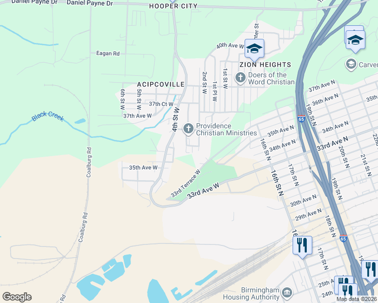map of restaurants, bars, coffee shops, grocery stores, and more near 3604 2nd Street West in Birmingham