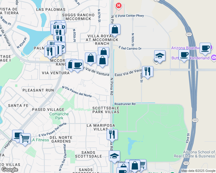 map of restaurants, bars, coffee shops, grocery stores, and more near 8742 East Vía De Commercio in Scottsdale