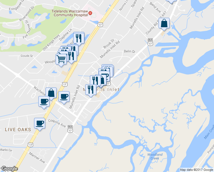 map of restaurants, bars, coffee shops, grocery stores, and more near 4393 U.S. 17 Business in Murrells Inlet