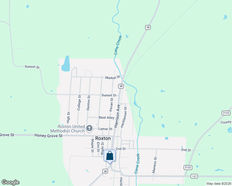 map of restaurants, bars, coffee shops, grocery stores, and more near 302 Pecan Street in Roxton