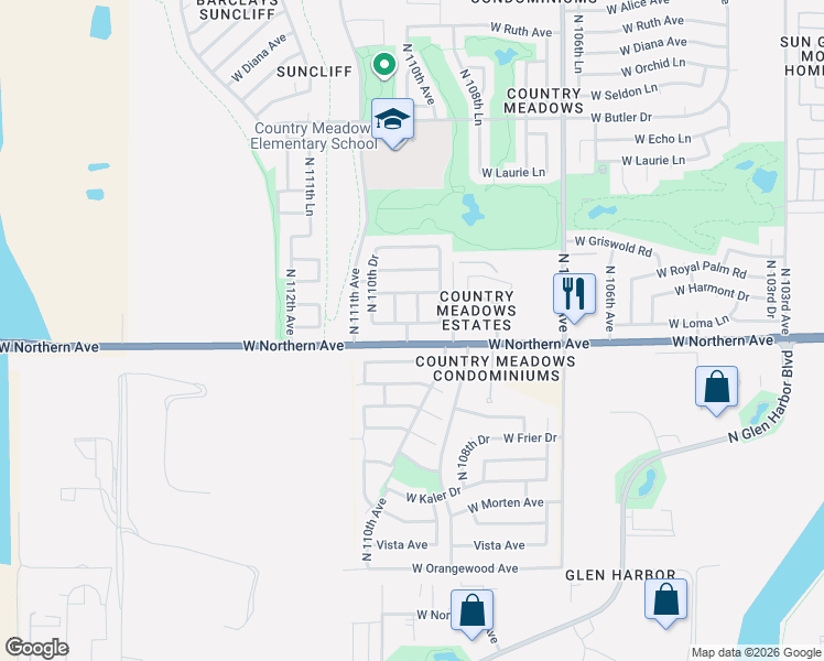 map of restaurants, bars, coffee shops, grocery stores, and more near 8057 North 110th Avenue in Peoria