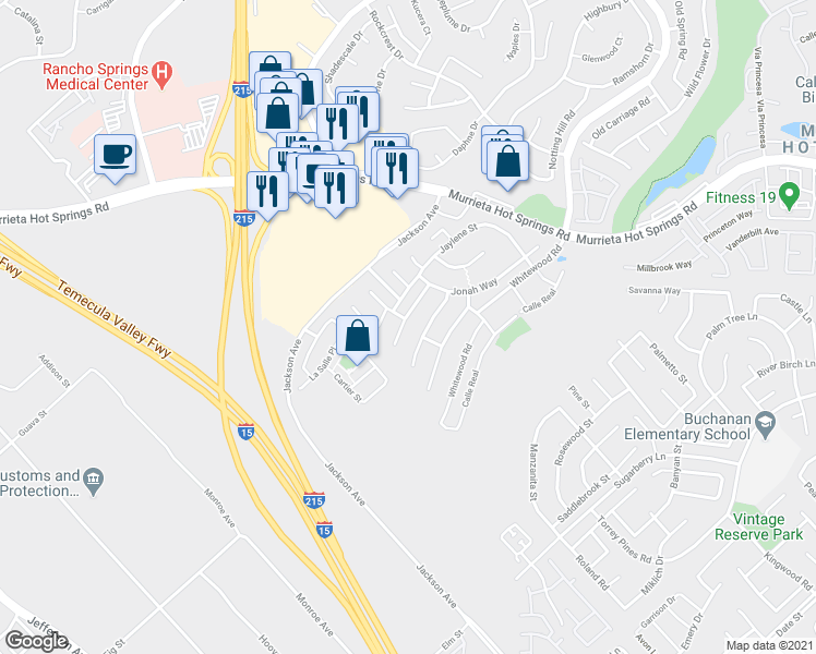map of restaurants, bars, coffee shops, grocery stores, and more near 40322 Hannah Way in Murrieta