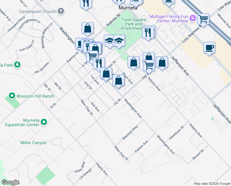 map of restaurants, bars, coffee shops, grocery stores, and more near 24973 Washington Avenue in Murrieta