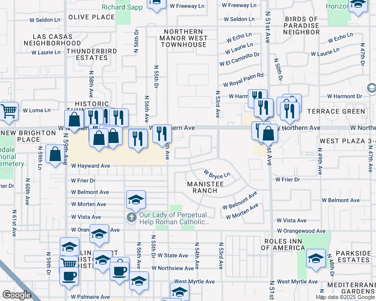 map of restaurants, bars, coffee shops, grocery stores, and more near 5448 West Lane Avenue in Glendale