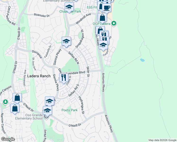 map of restaurants, bars, coffee shops, grocery stores, and more near 5 Amy Way in Ladera Ranch