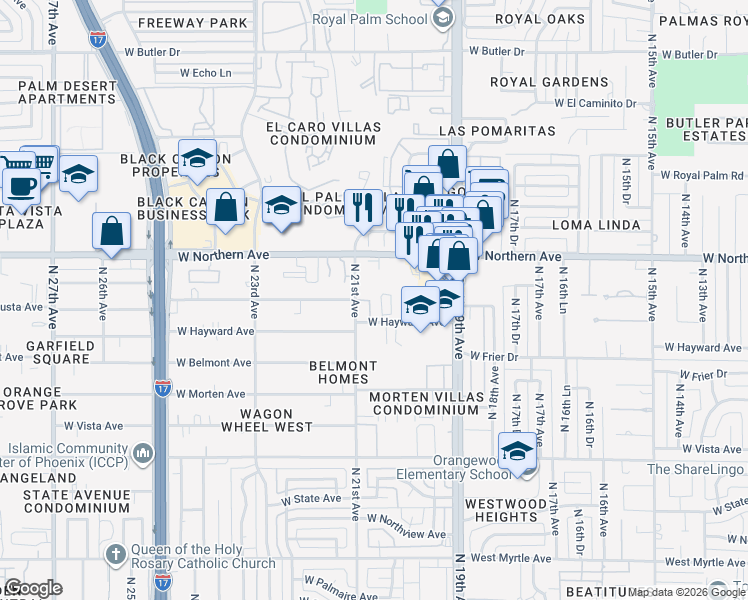 map of restaurants, bars, coffee shops, grocery stores, and more near 7734 North 19th Lane in Phoenix