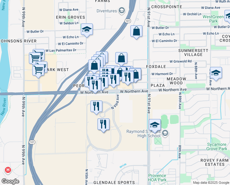 map of restaurants, bars, coffee shops, grocery stores, and more near 9350 West Northern Avenue in Waddell