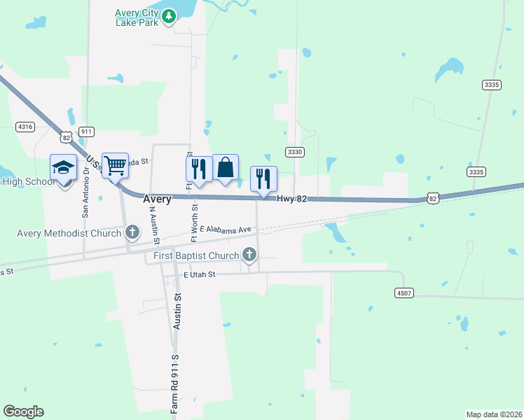 map of restaurants, bars, coffee shops, grocery stores, and more near 335 U.S. 82 in Avery