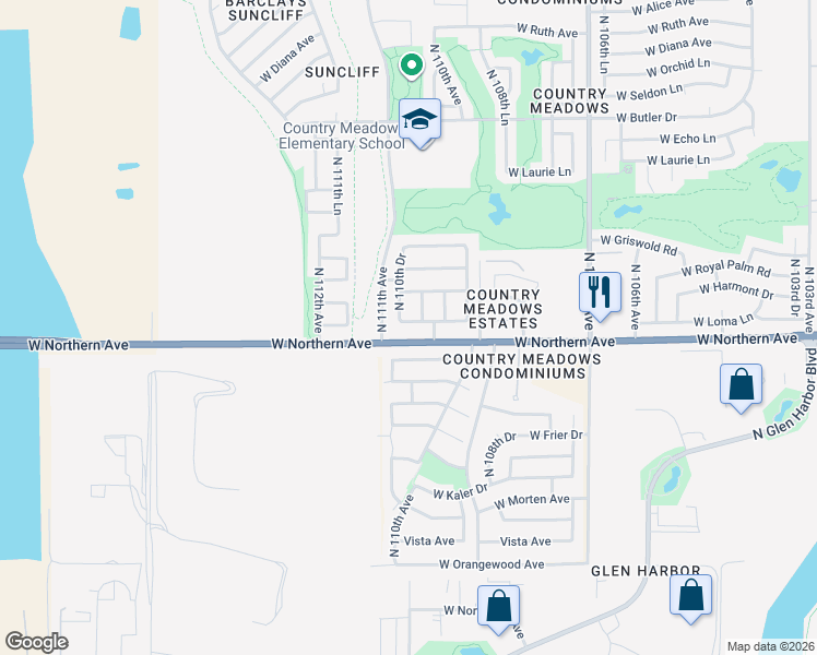 map of restaurants, bars, coffee shops, grocery stores, and more near 8068 North 110th Drive in Peoria