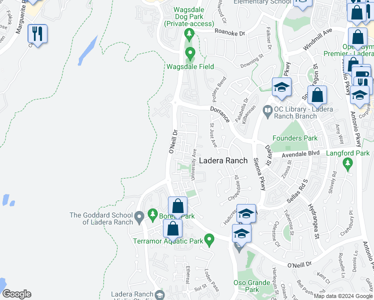 map of restaurants, bars, coffee shops, grocery stores, and more near 11 Attleboro Street in Mission Viejo