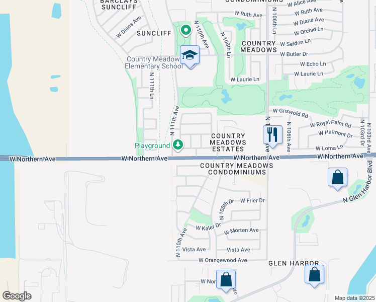 map of restaurants, bars, coffee shops, grocery stores, and more near 11015 West Loma Lane in Peoria