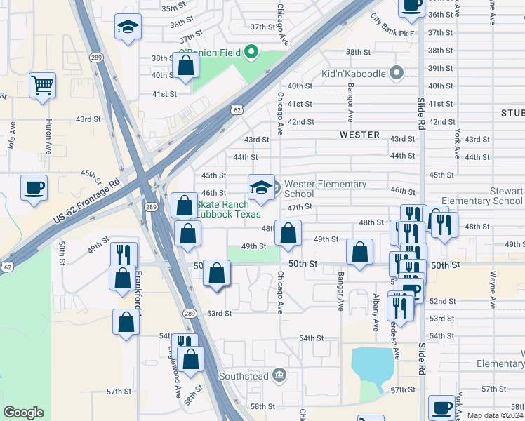 map of restaurants, bars, coffee shops, grocery stores, and more near 5501-5599 46th Street in Lubbock