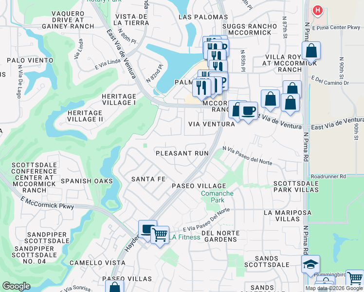 map of restaurants, bars, coffee shops, grocery stores, and more near 8311 East Vía de Ventura in Scottsdale