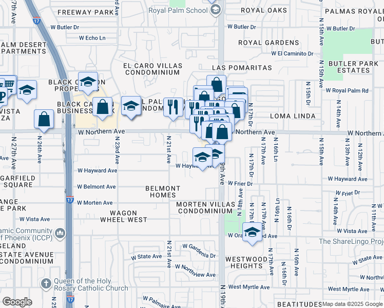map of restaurants, bars, coffee shops, grocery stores, and more near 7734 North 19th Lane in Phoenix