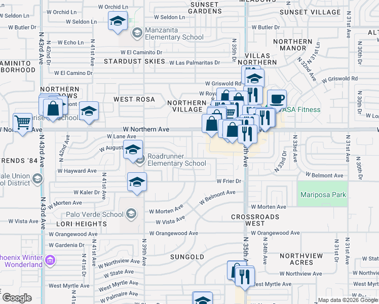 map of restaurants, bars, coffee shops, grocery stores, and more near 7827 North 37th Avenue in Phoenix