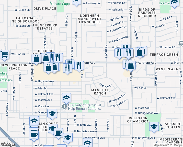 map of restaurants, bars, coffee shops, grocery stores, and more near 5448 West Lane Avenue in Glendale