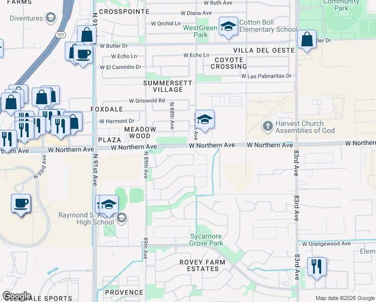 map of restaurants, bars, coffee shops, grocery stores, and more near 8021 North 87th Drive in Peoria
