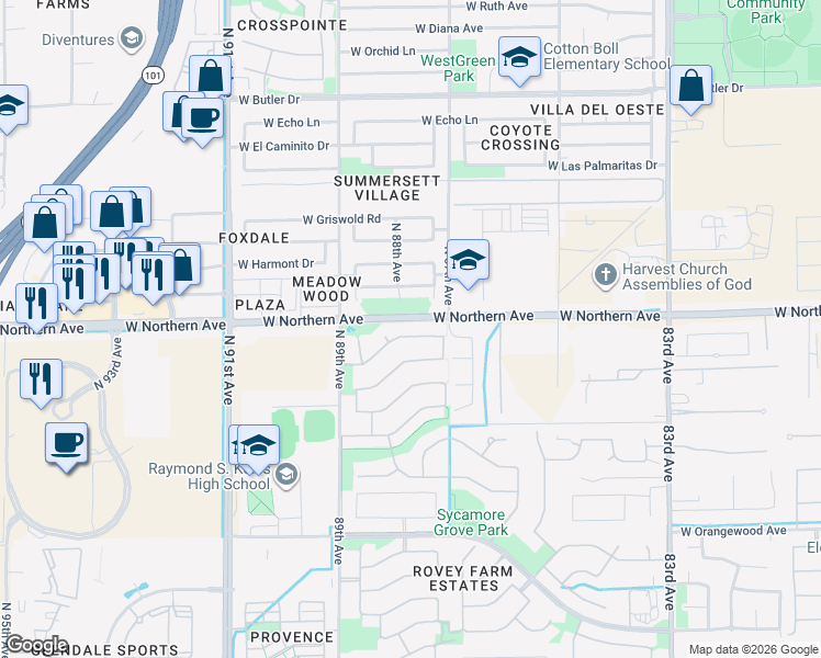 map of restaurants, bars, coffee shops, grocery stores, and more near 8774 West Lane Avenue in Glendale