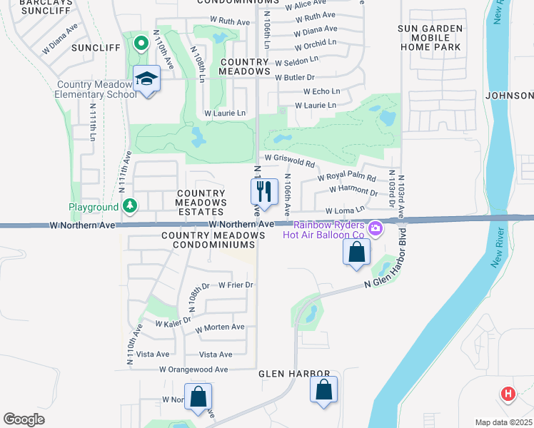 map of restaurants, bars, coffee shops, grocery stores, and more near 8028 North 106th Avenue in Peoria