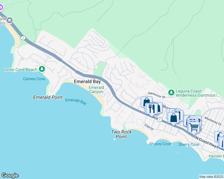 map of restaurants, bars, coffee shops, grocery stores, and more near 225 Emerald Bay in Laguna Beach