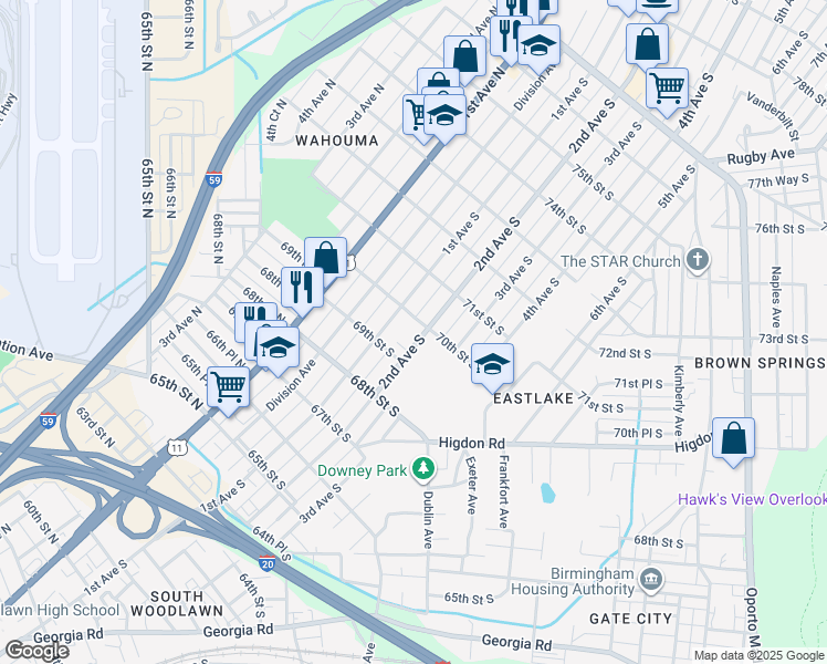 map of restaurants, bars, coffee shops, grocery stores, and more near 7004 2nd Avenue South in Birmingham