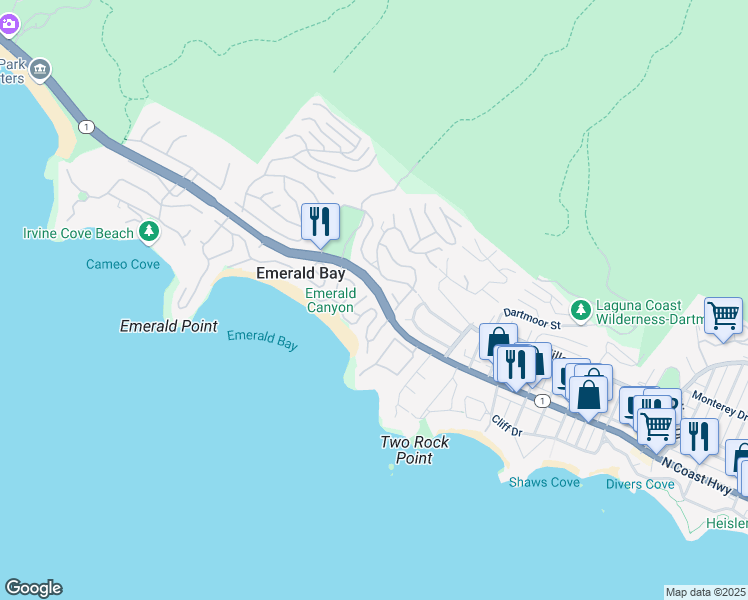 map of restaurants, bars, coffee shops, grocery stores, and more near 41 Emerald Bay in Laguna Beach