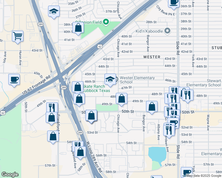 map of restaurants, bars, coffee shops, grocery stores, and more near 4602 Chicago Avenue in Lubbock