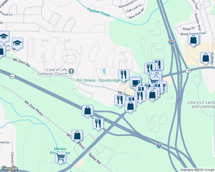 map of restaurants, bars, coffee shops, grocery stores, and more near 3386 Mount Zion Road in Stockbridge