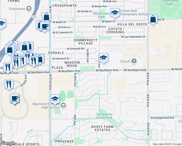 map of restaurants, bars, coffee shops, grocery stores, and more near 8774 West Lane Avenue in Glendale