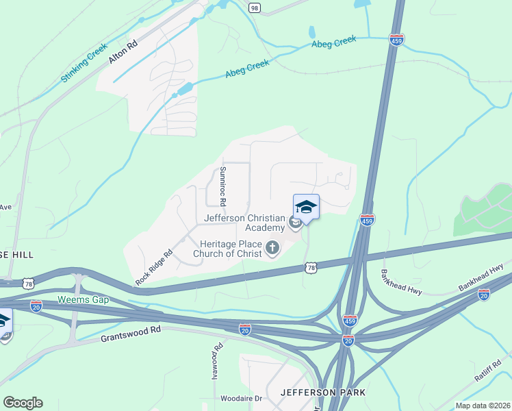 map of restaurants, bars, coffee shops, grocery stores, and more near 3917 Rock Ridge Road in Irondale