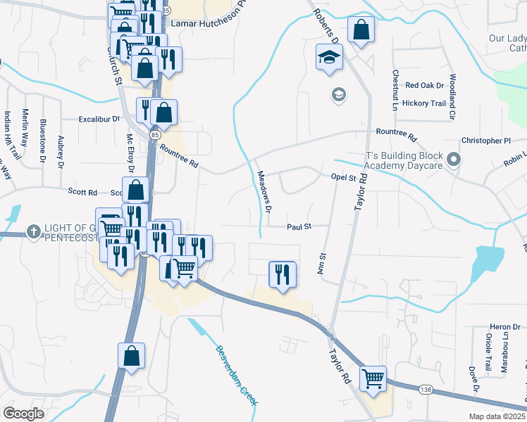 map of restaurants, bars, coffee shops, grocery stores, and more near 7445 Meadows Drive in Riverdale