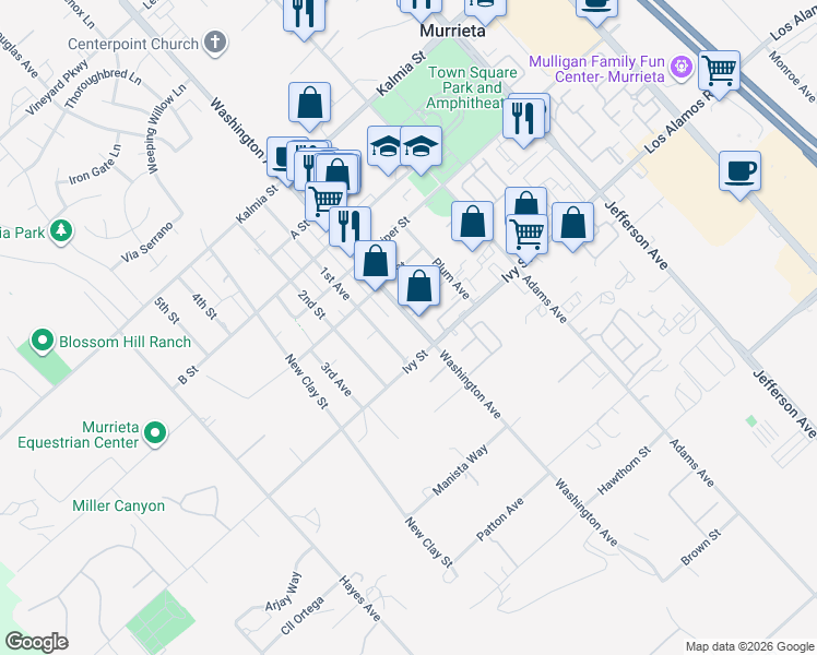 map of restaurants, bars, coffee shops, grocery stores, and more near 24973 Washington Avenue in Murrieta