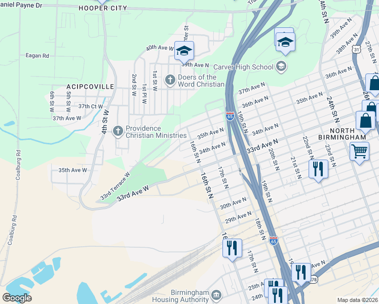 map of restaurants, bars, coffee shops, grocery stores, and more near 1509 35th Avenue North in Birmingham
