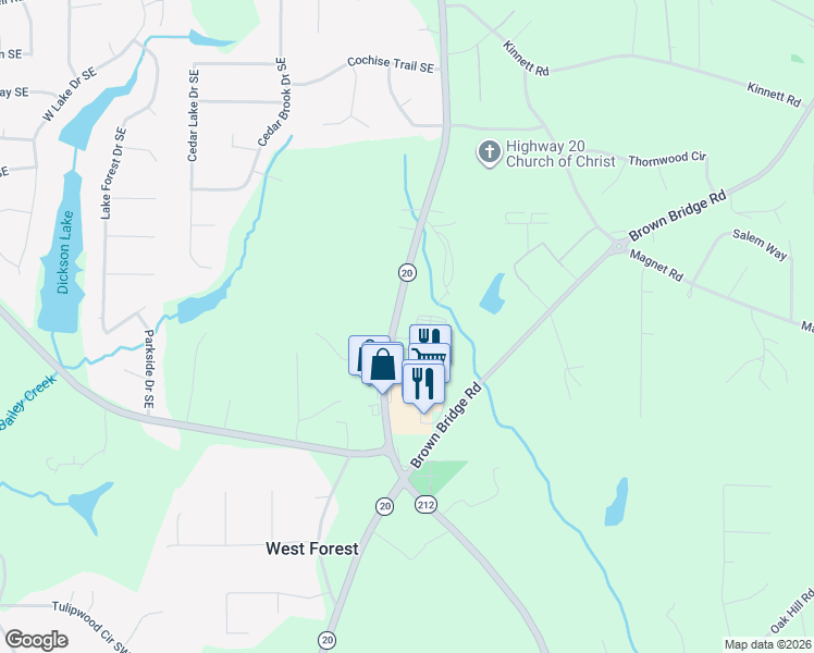 map of restaurants, bars, coffee shops, grocery stores, and more near 5228 Georgia 20 in Covington