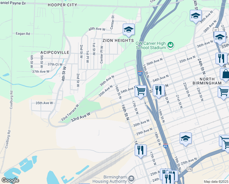 map of restaurants, bars, coffee shops, grocery stores, and more near 1509 35th Avenue North in Birmingham