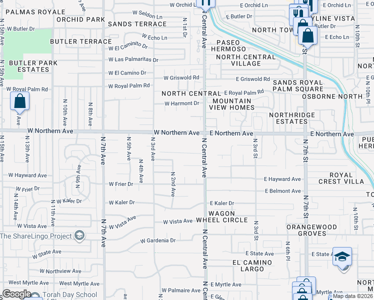 map of restaurants, bars, coffee shops, grocery stores, and more near 32 West Linger Lane in Phoenix