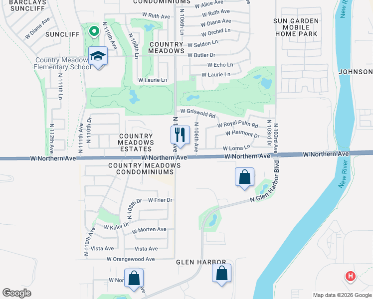 map of restaurants, bars, coffee shops, grocery stores, and more near 8028 North 106th Avenue in Peoria
