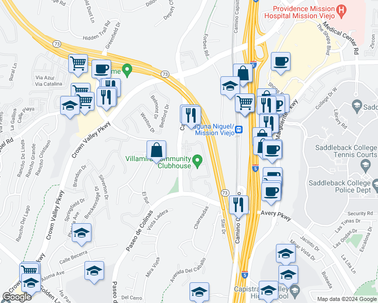map of restaurants, bars, coffee shops, grocery stores, and more near 25881 Portofino in Laguna Niguel