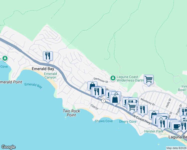 map of restaurants, bars, coffee shops, grocery stores, and more near 1560 Sunset Ridge Drive in Laguna Beach