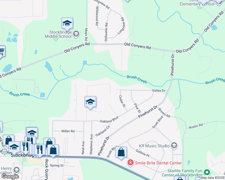 map of restaurants, bars, coffee shops, grocery stores, and more near 225 Briarcliff Place in Stockbridge