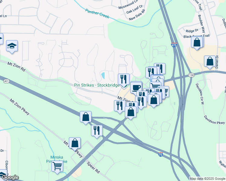 map of restaurants, bars, coffee shops, grocery stores, and more near 3386 Mount Zion Road in Stockbridge