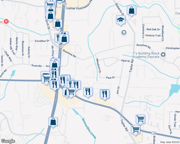 map of restaurants, bars, coffee shops, grocery stores, and more near 7445 Paul Court in Riverdale