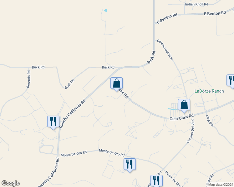 map of restaurants, bars, coffee shops, grocery stores, and more near 35581 Glen Oaks Road in Temecula